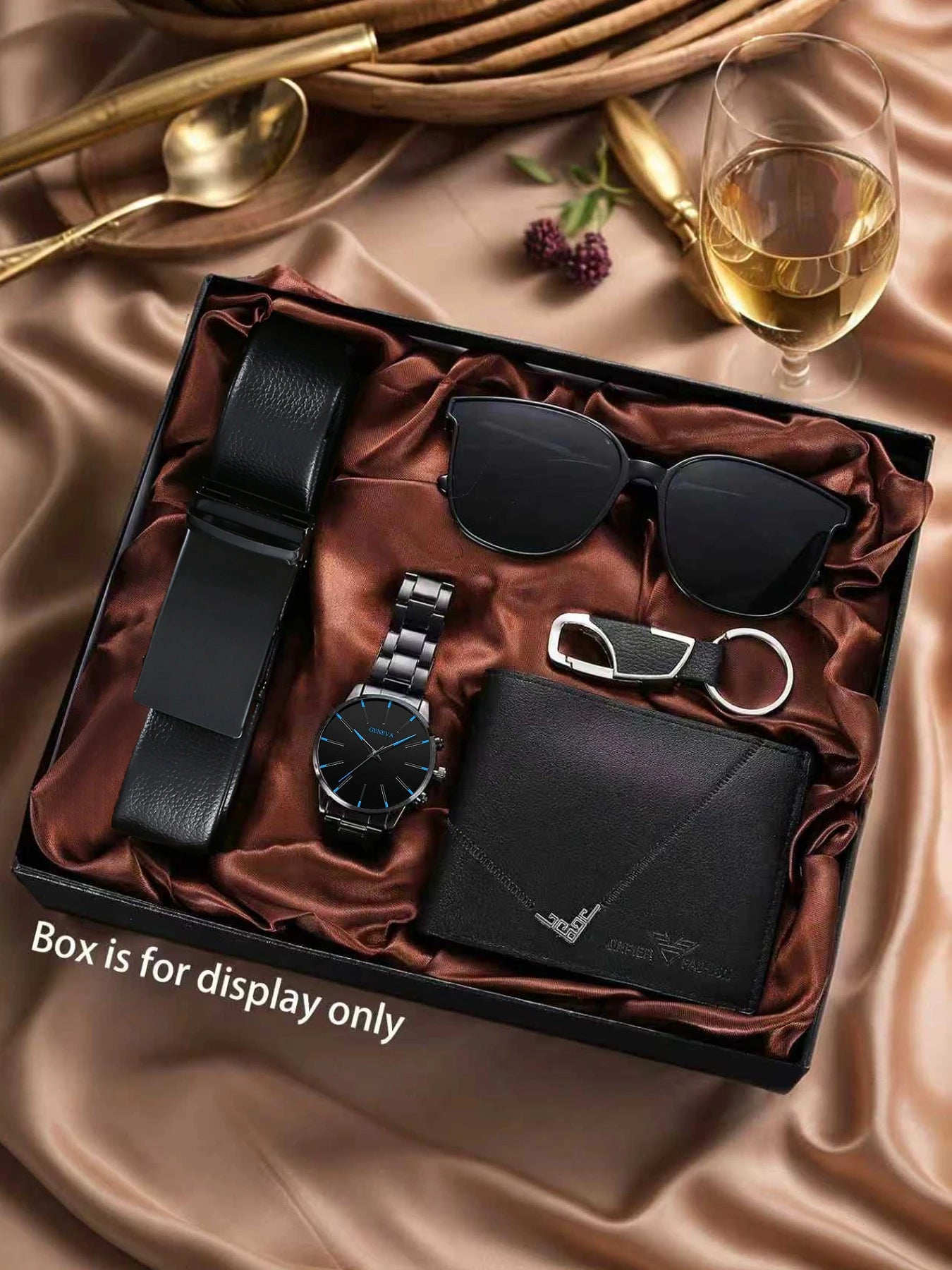 Luxury 5Pcs Men Gift Set Chronograph Watch Leather Wallet Belt Sunglasses Keychain Qme Brown
