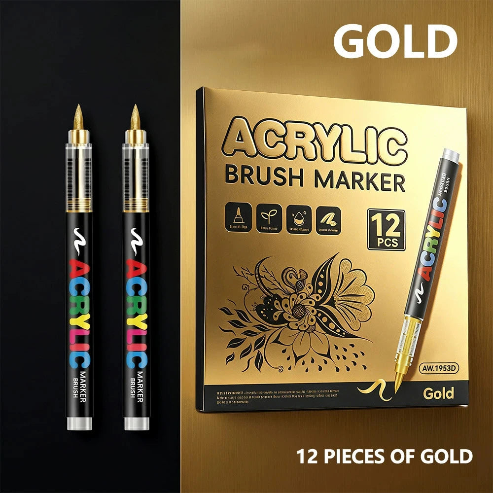 12 Colors Acrylic Paint Pen Set Black/White/Gold/Silver Acrylic Highlights Markers Brush Tip Markers for Wood Rock Painting Gift Qme 12 gold