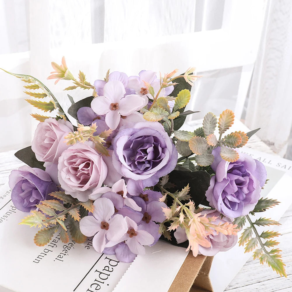 Home Decor Roses Autumn Artificial Flowers Silk Peony Hydrangea Big Bride Bouquet Wedding Home Party DIY Decoration Fake Flowers Qme Light Purple