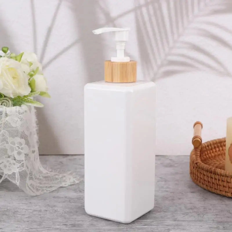 Bamboo Pump Bottles Lotion Containers Bathroom Dispensers Square Qme