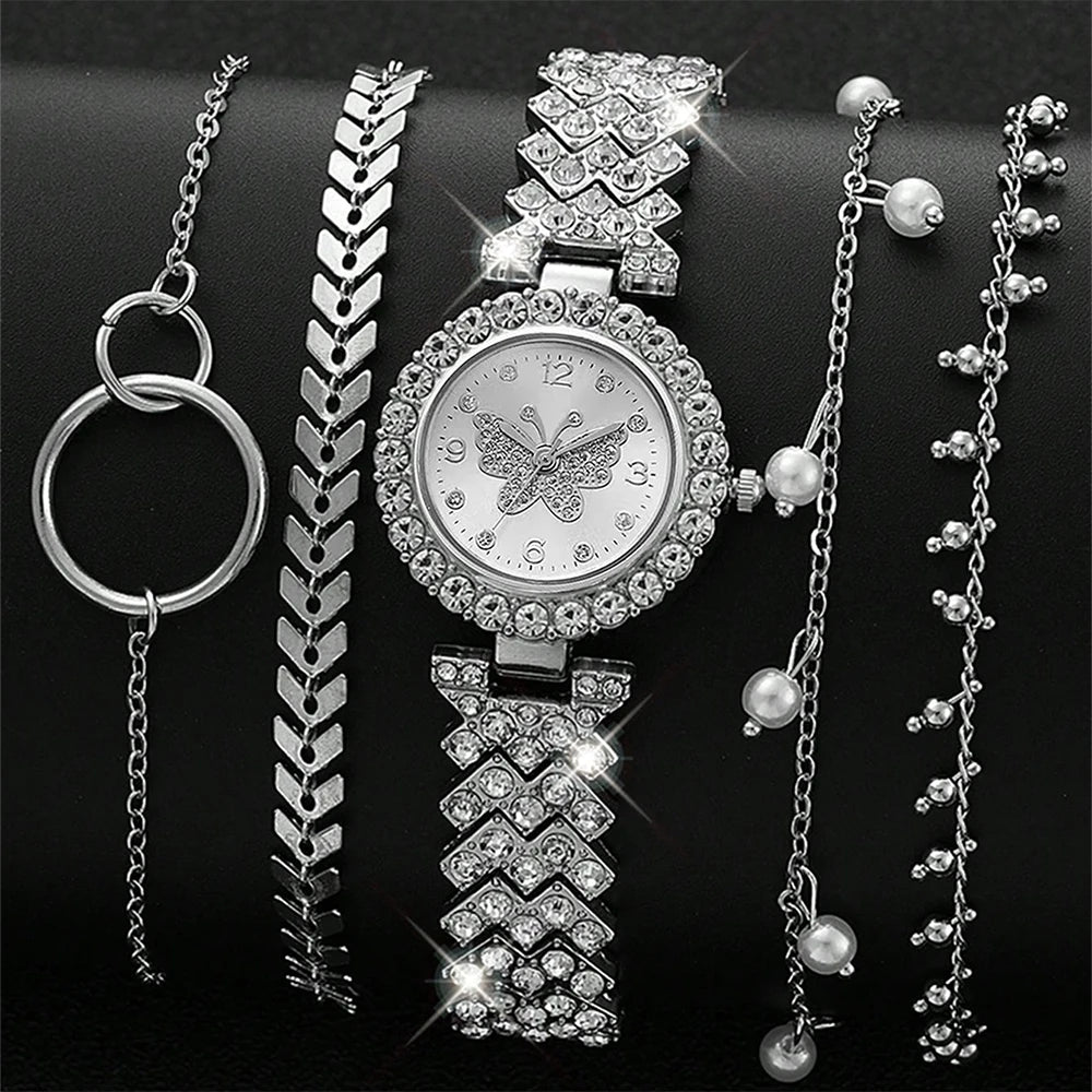 5PC Luxury Women Watch Set Fashion and Trendy With Rhinestone Butterfly Element Dial Quartz Watch Bracelet Set Perfect Gift Qme Silver