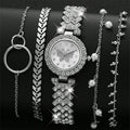 5PC Luxury Women Watch Set Fashion and Trendy With Rhinestone Butterfly Element Dial Quartz Watch Bracelet Set Perfect Gift Qme Silver