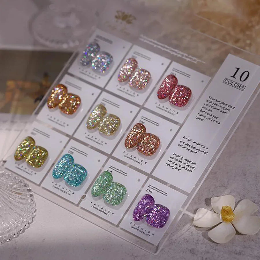 10 Colors Holographic Glitter Gel Nail Polish Spring Color Sparkling Sequins Soak Off Uv Led Varnish Nail Art Diy Qme