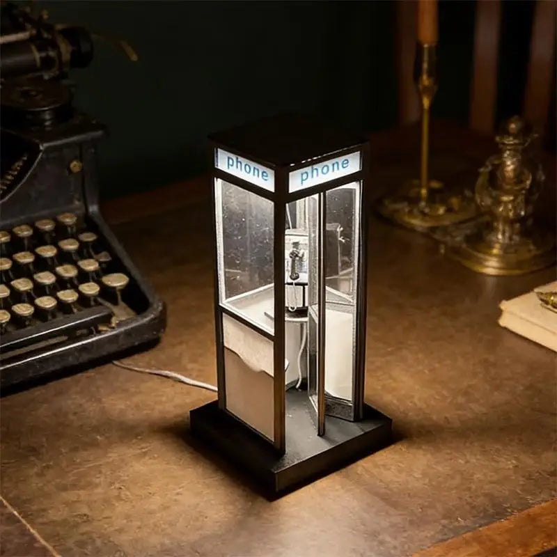 Retro Vintage Tall Phonebooth Lamp, Classic Telephone Booth Table Lamp With Warm LED Light, Phone Box Decorative Night Light. Qme
