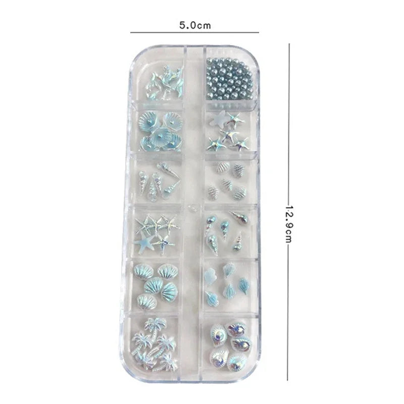 12 Grids Box Aurora Nail Charm Shell Starfish Mermaid Tail 3d Art Qme