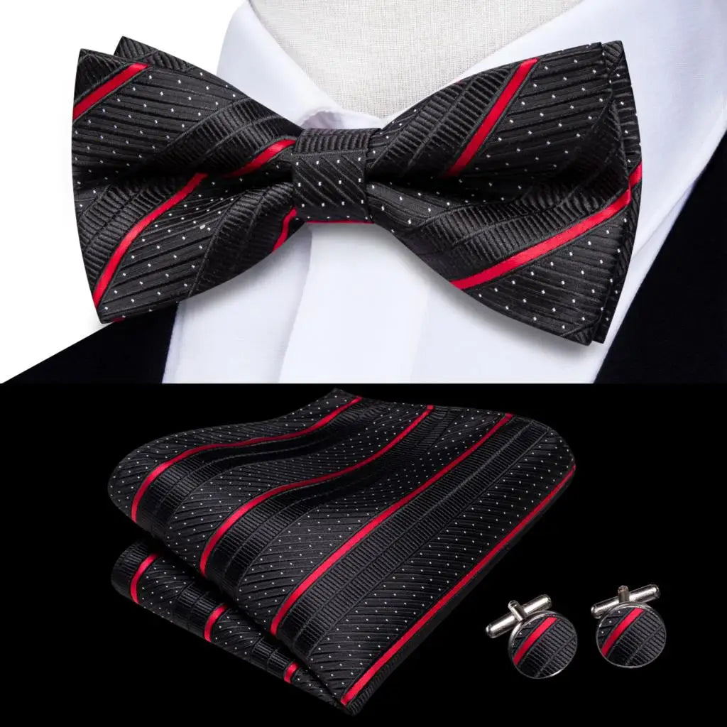 Hi-Tie Striped Black Red Mens Bow Tie Hankerchief Cufflink Pre-tied Silk Butterfly Knot Bowtie for Male Business Party Wholesale Qme S1-LH-2582