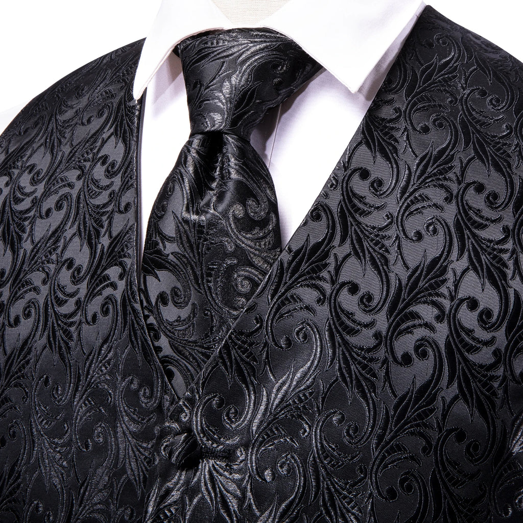 Hi-tie Black Men Vest Paisley Jacquard Necktie Hankerchief Cufflinks Qme