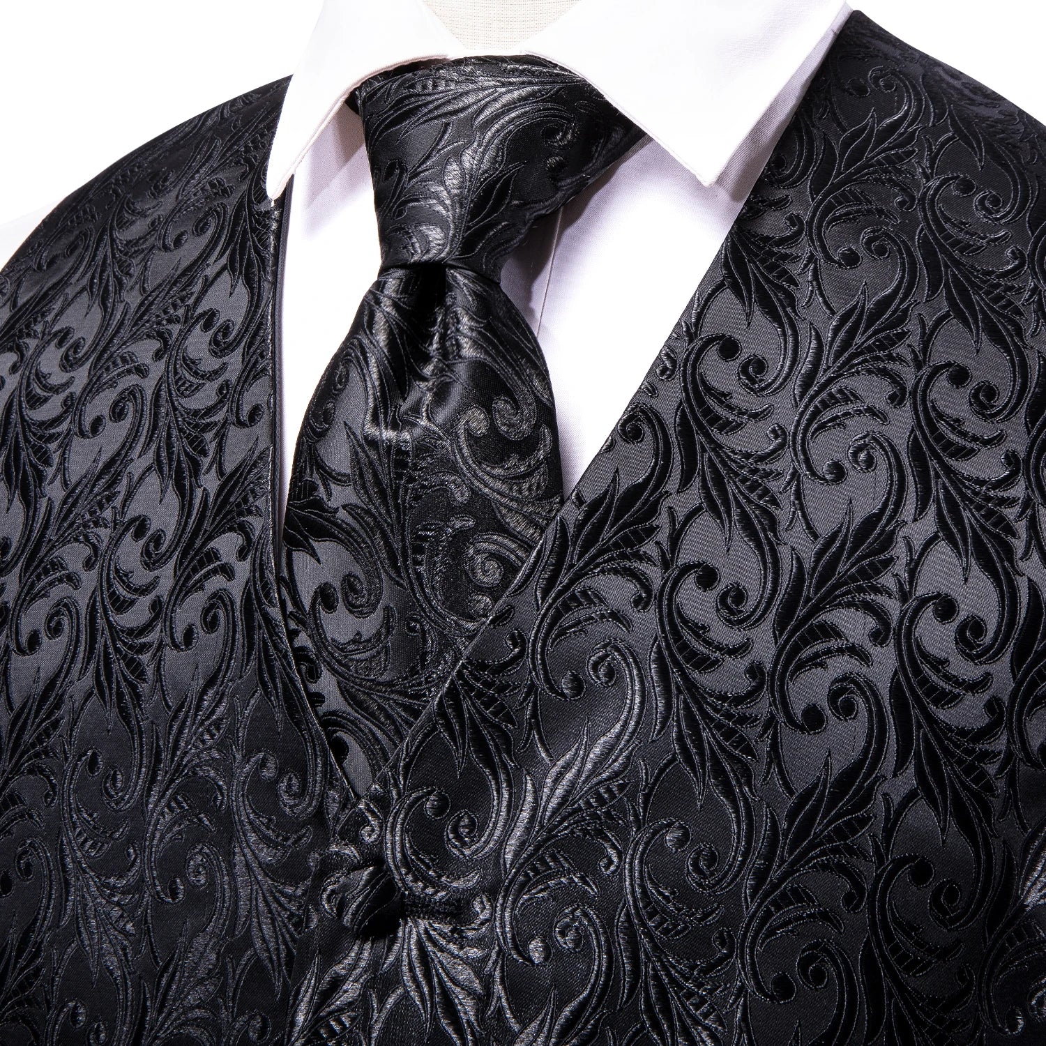 Hi-tie Black Men Vest Paisley Jacquard Necktie Hankerchief Cufflinks Qme