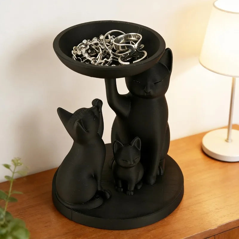 Whimsical 3D Printed Black Cat Family Storage Tray 3 Cats Jewelry Keys Qme