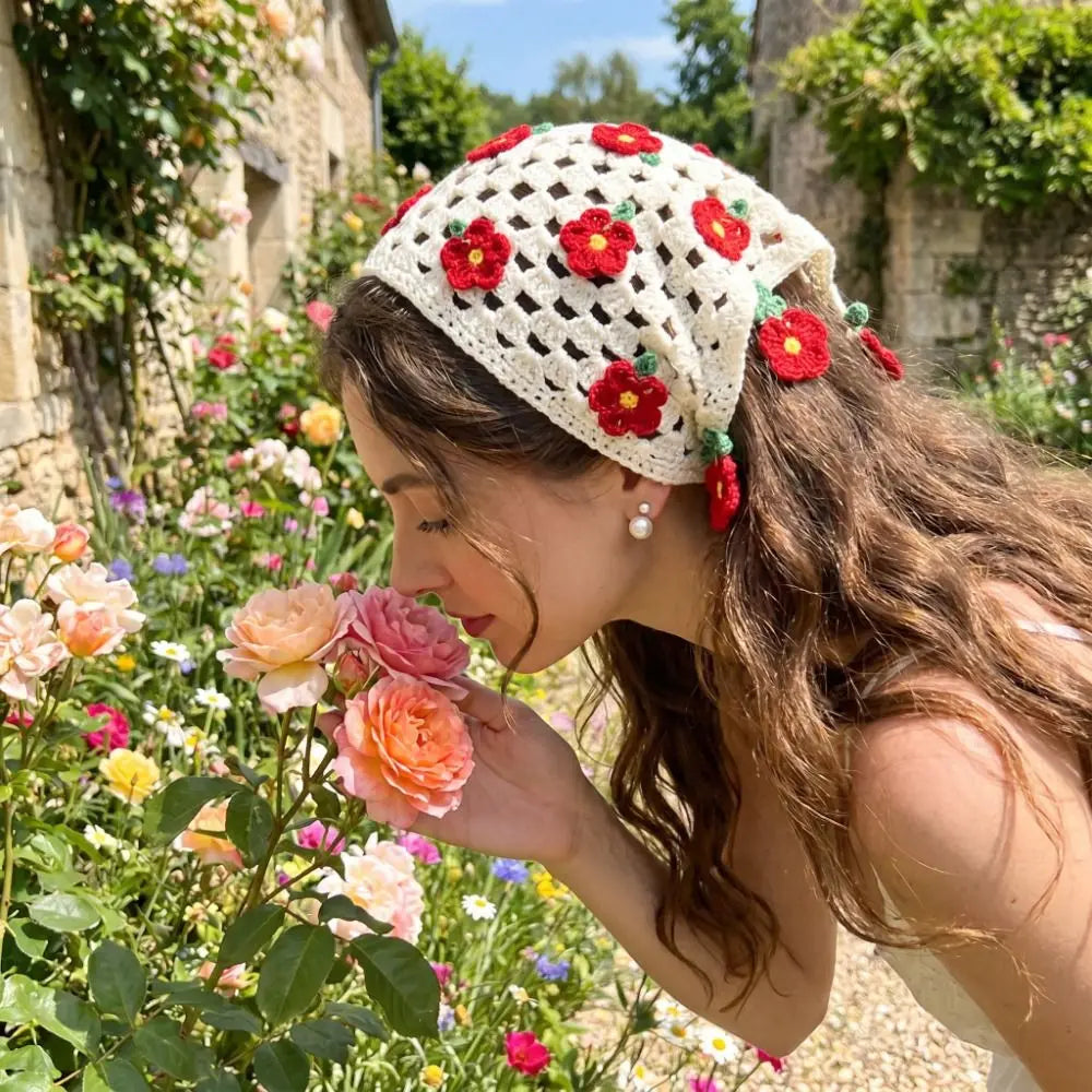 Cute Floral Knitted Flower Headband French Countryside Style Triangle Turban Bohemian Pastoral Women Hair Scarf Girls Qme