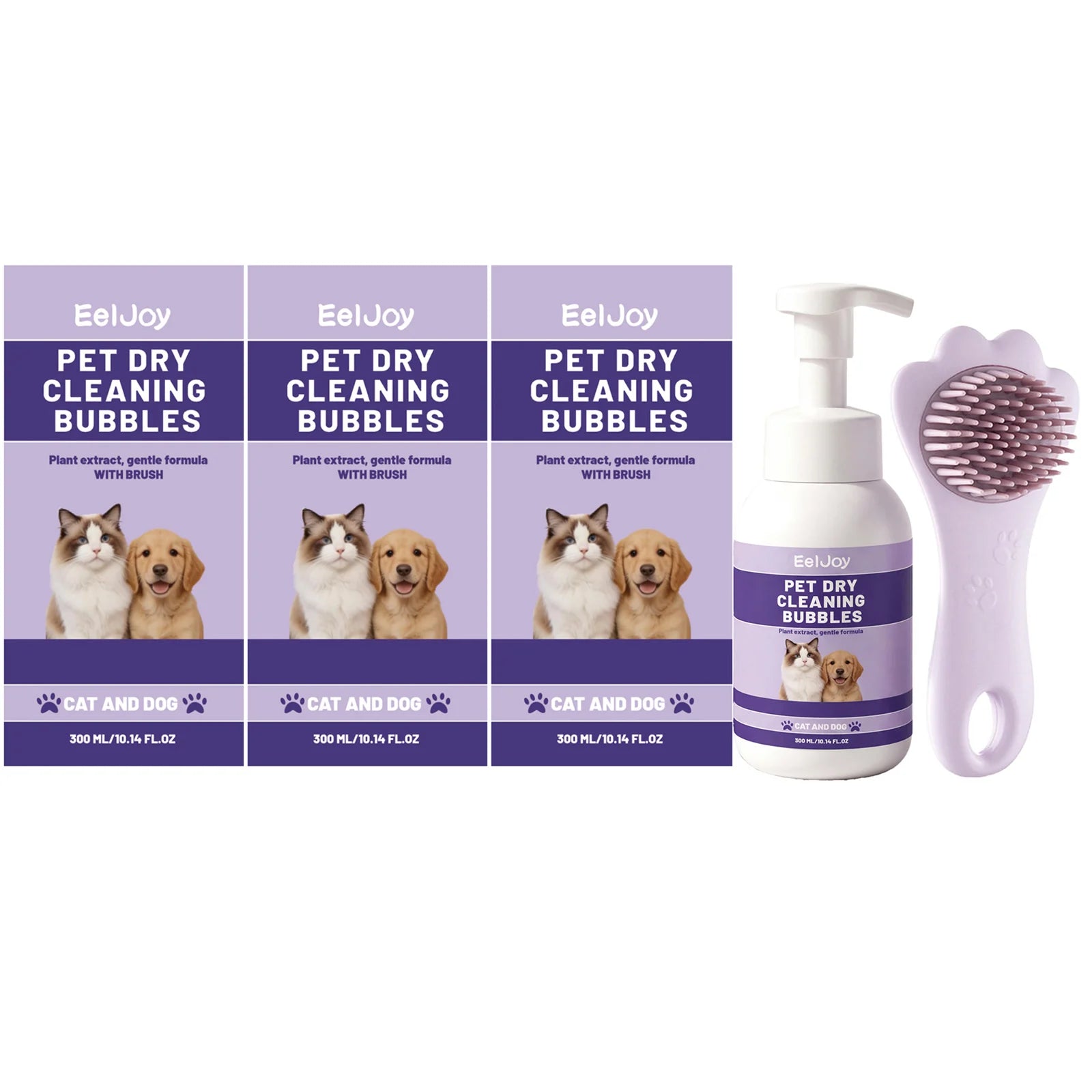 Pet Dry Cleaning Bubble Shampoo Kit Removing Stains Soothing Hair Eliminate Odor Long-Lasting Fragrance Dogs & Cats Foam Shampoo Qme 3 x 300ML Boxed
