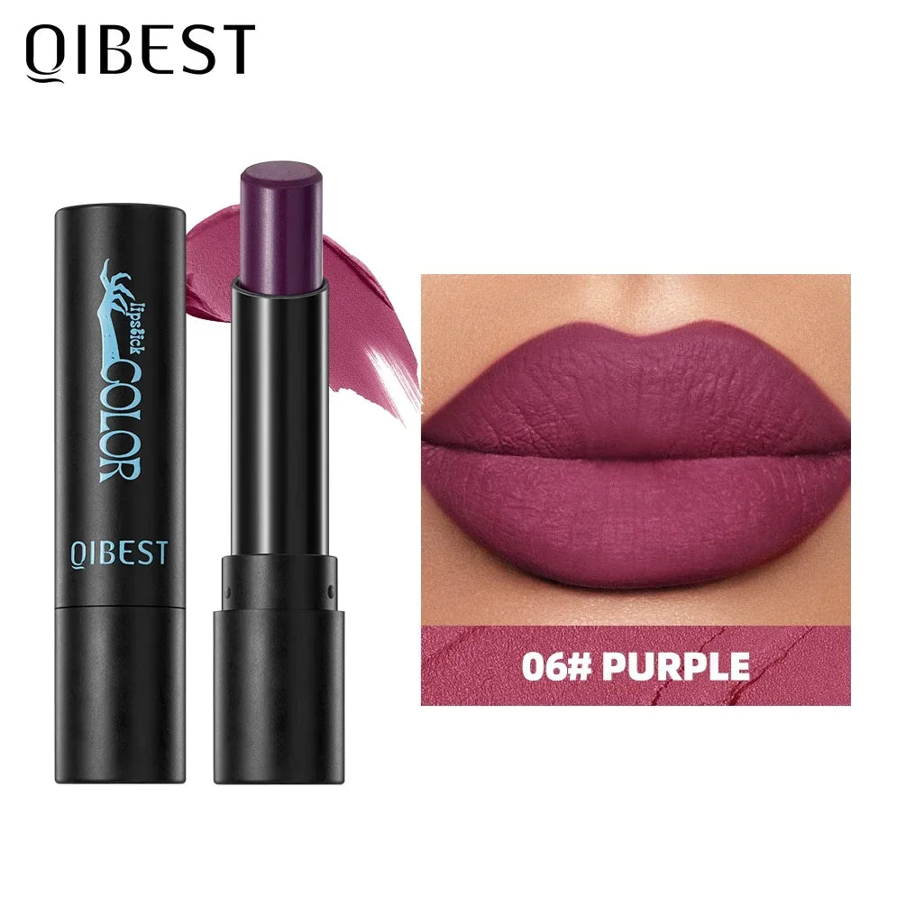QIBEST 8 Colors Matte Lipstick Waterproof Velvet Sexy Red Lip Stain Popular Black Red Orange White Color Lasting Lipstick Makeup Qme 06