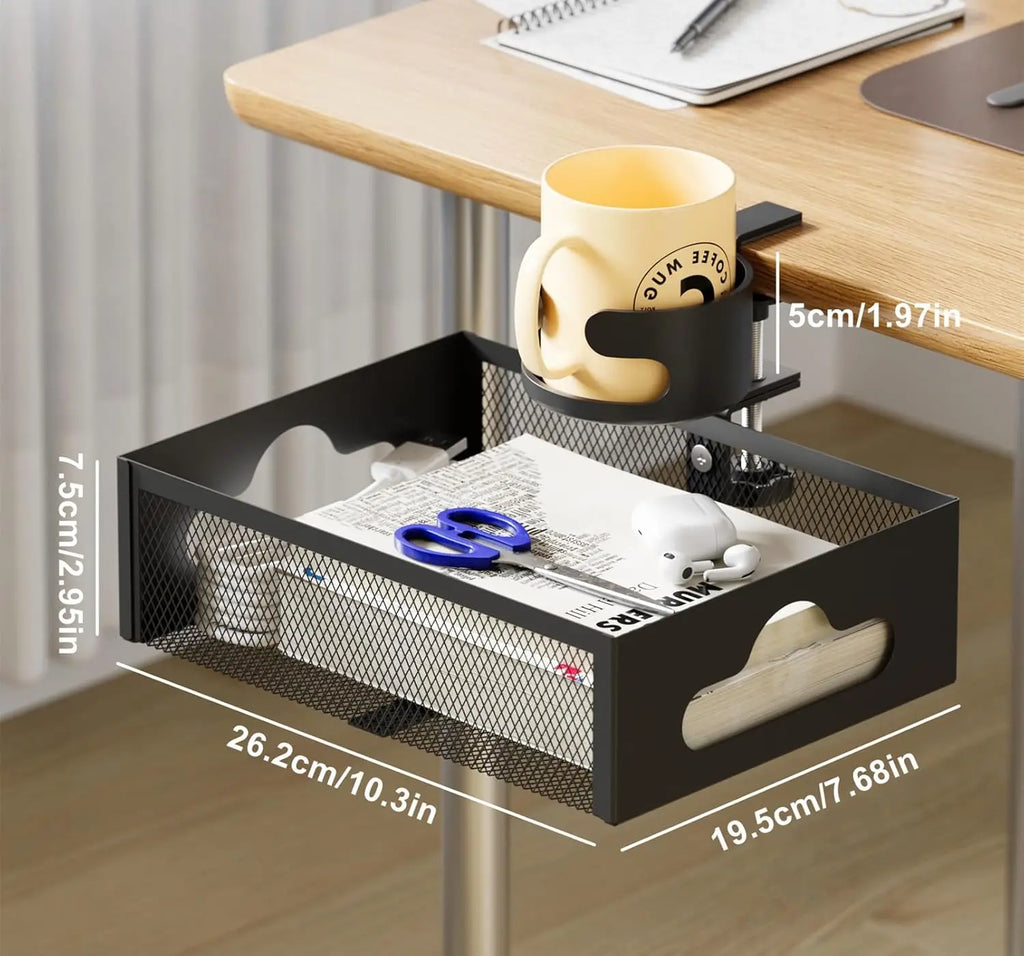 360° Rotary Under Desk Drawer With Cup Holder, 2 in 1 Anti-Spill Cup Holder & Storage Rack, Punch Free Metal Storage Box Qme