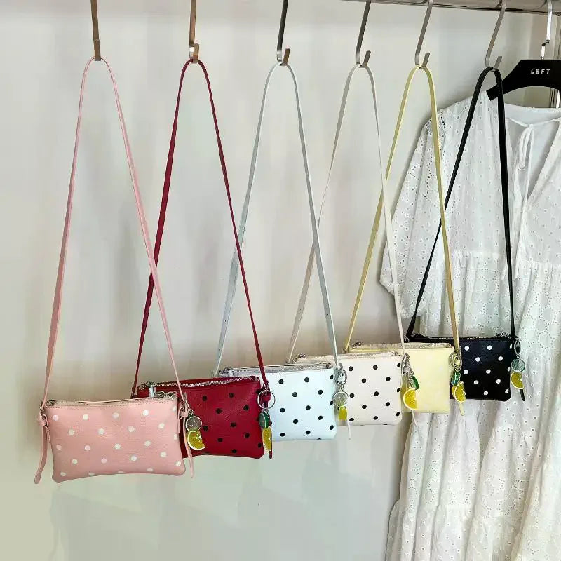 Color PU Leather Crossbody Bag Black Polka Dot Print Cute Fruit Charm For Daily Shopping Dating Casual Trips Qme