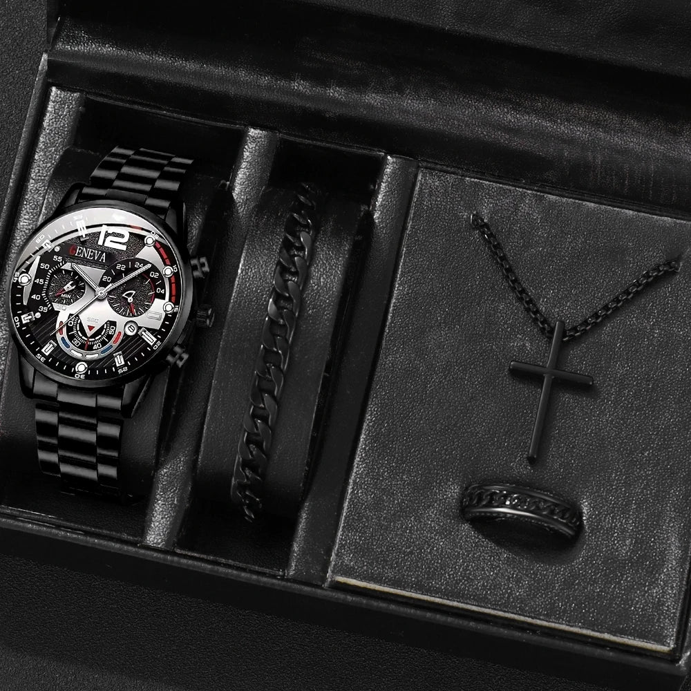 4Pcs Cross Men Watch Jewelry Set Silver Stainless Steel Chronograph Wristwatch Cuban Bracelet Cross Necklace Ring Gift For Him Qme black