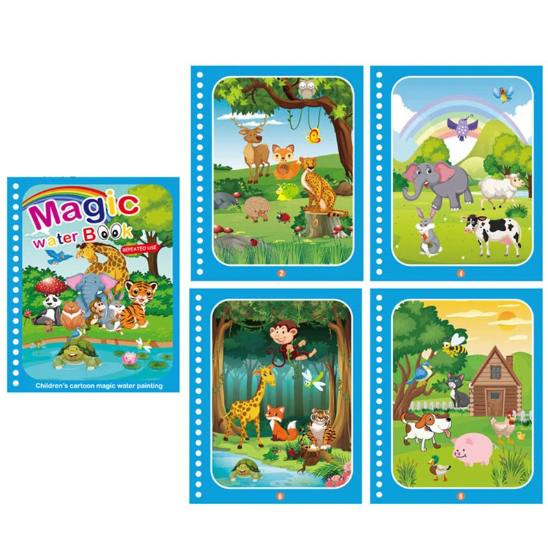 Children Magical Book with Pen Water Drawing Montessori Toys Reusable Coloring Book Magic Water Drawing Book Early Education Toy Qme Animals