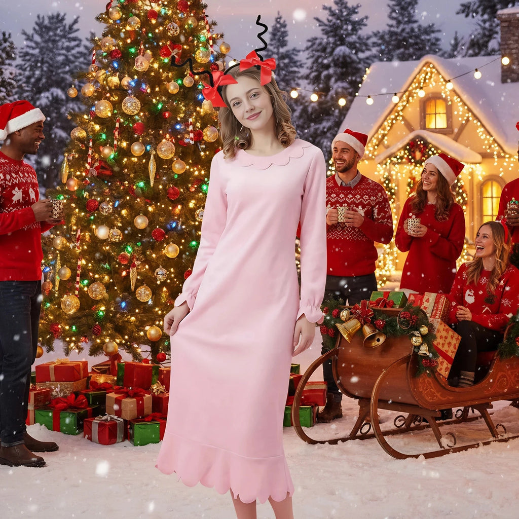 Adult Cindy Lou Who Costume Women Pink Long Sleeve Princess Dress with Headband Christmas Dress Up Nightgowns Outfit Qme