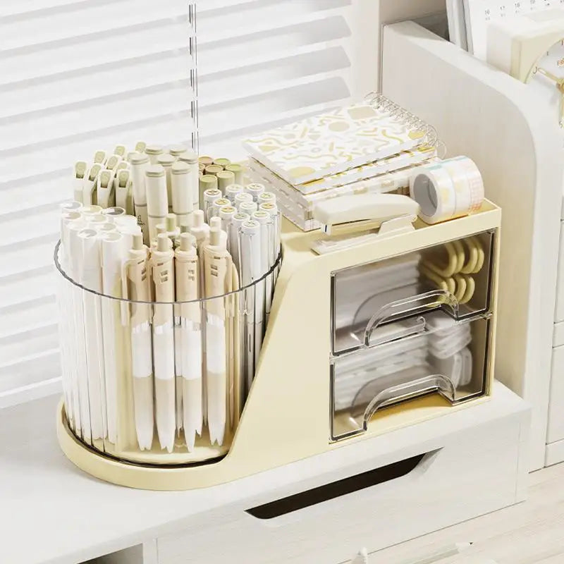 Drawer Plastic Pen Holder Cosmetic Storage Box 2-in-1 Rotating Qme