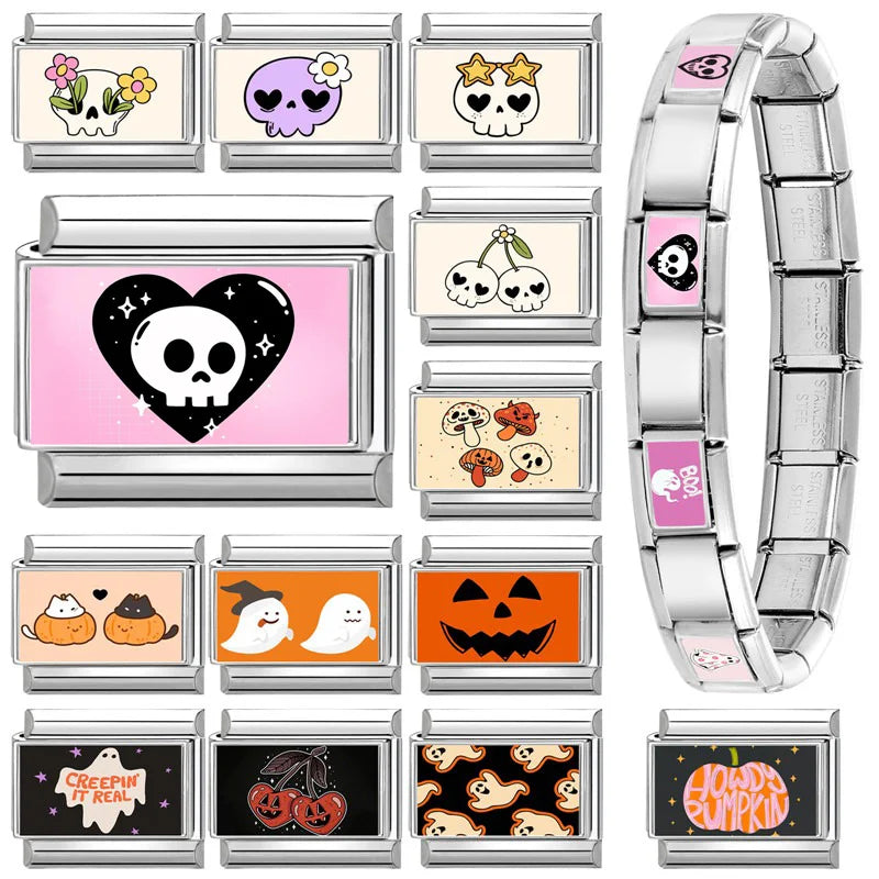 2025 Fashion Halloween Pumpkin Ghost Dark Style Italian Charm Link Stainless Steel Module Bracelet DIY Making Jewelry for Couple Qme
