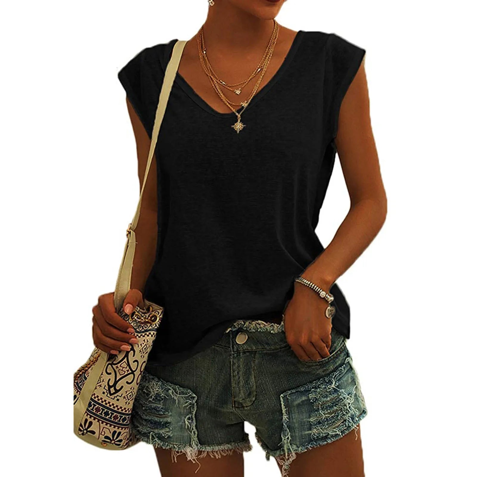 Women's Solid Color Minimalist Fashionable V-Neck Sleeveless T-Shirt Casual And Versatile Loose Summer Basics Street Tank Tops Qme