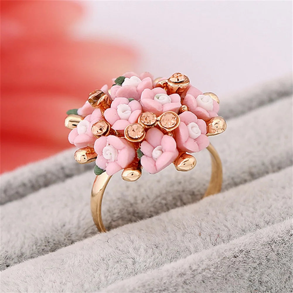 New Jingdezhen New Chinese Ceramic Small Flower Ring with Adjustable Beautiful and Fashionable Women's Gathering Jewelry Qme Pink resizable