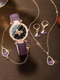 5-piece set of simple and fashionable leather strap watch, high-end light luxury female student quartz watch set Qme PURPLE No