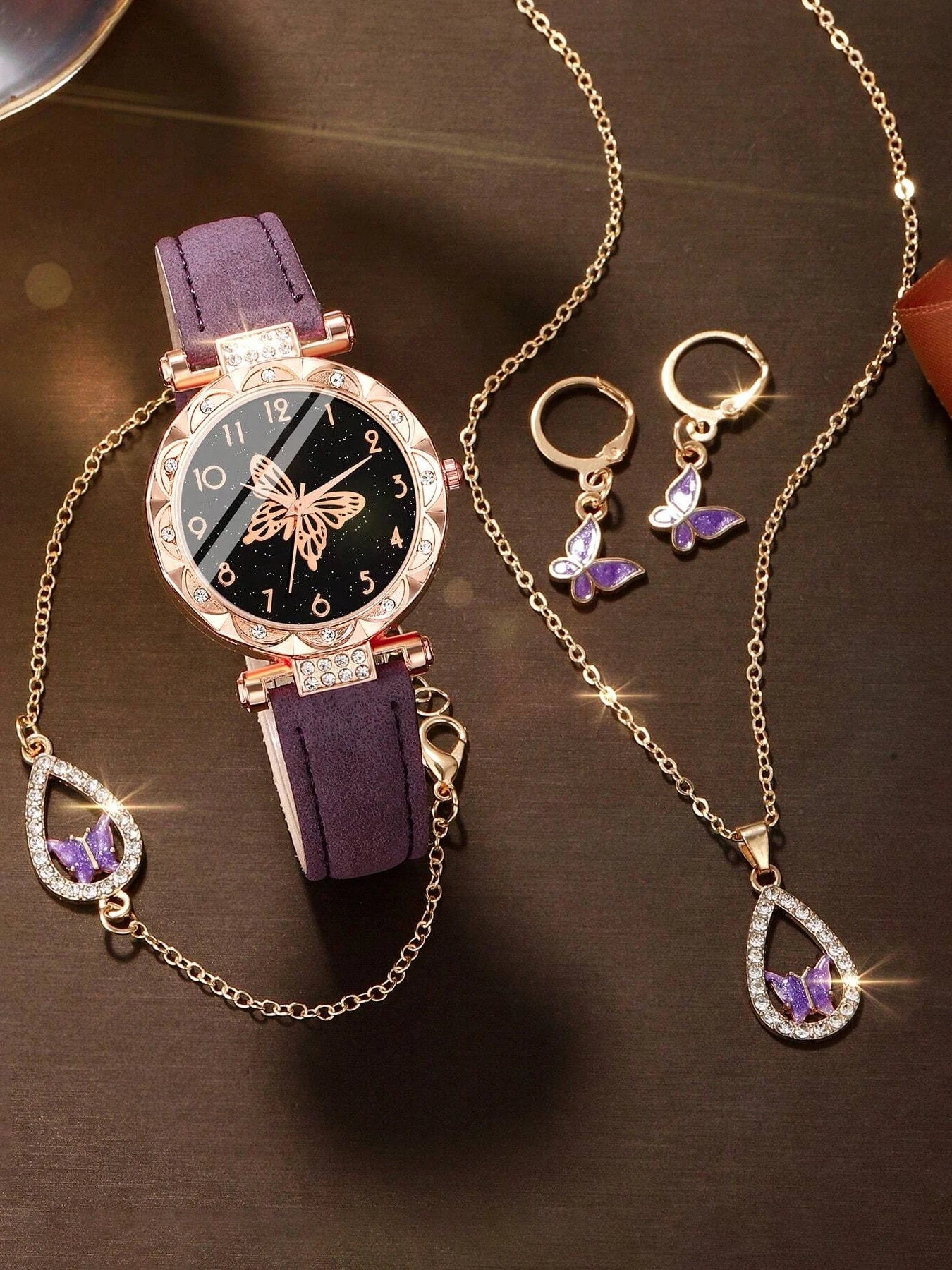 5-piece set of simple and fashionable leather strap watch, high-end light luxury female student quartz watch set Qme PURPLE No