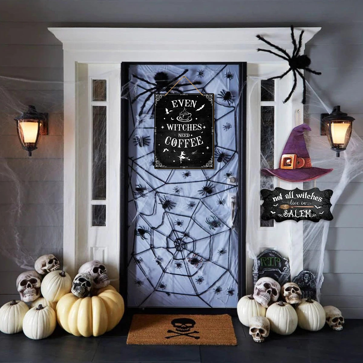 Halloween Wooden Wall Hanging Sign - Retro "Even Witches Need Coffee" Witch Coffee Cup Bat, Halloween Kitchen Home Decoration Qme