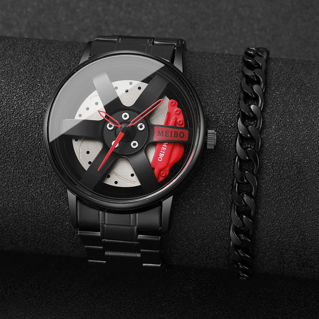 2pcs men's fashion sports watch 3D wheel strap with stainless steel men's watch quartz watch strap set (no box) Qme