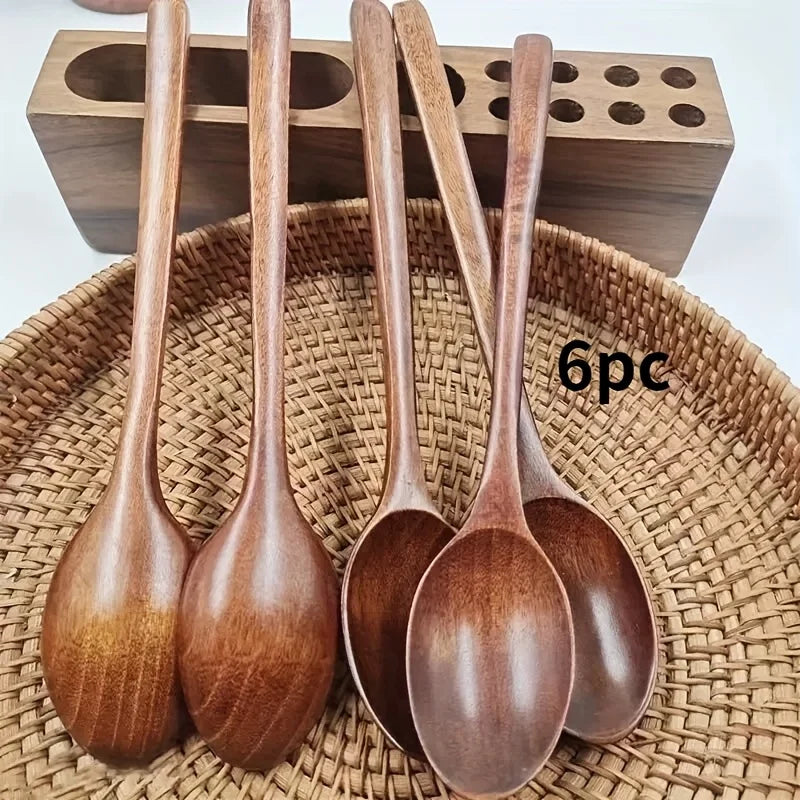 6pcs Multifunctional Handle Wooden Spoon Set, Soup Ladle, Dessert Spoon, Coffee Spoon, Stirring Spoon, Qme