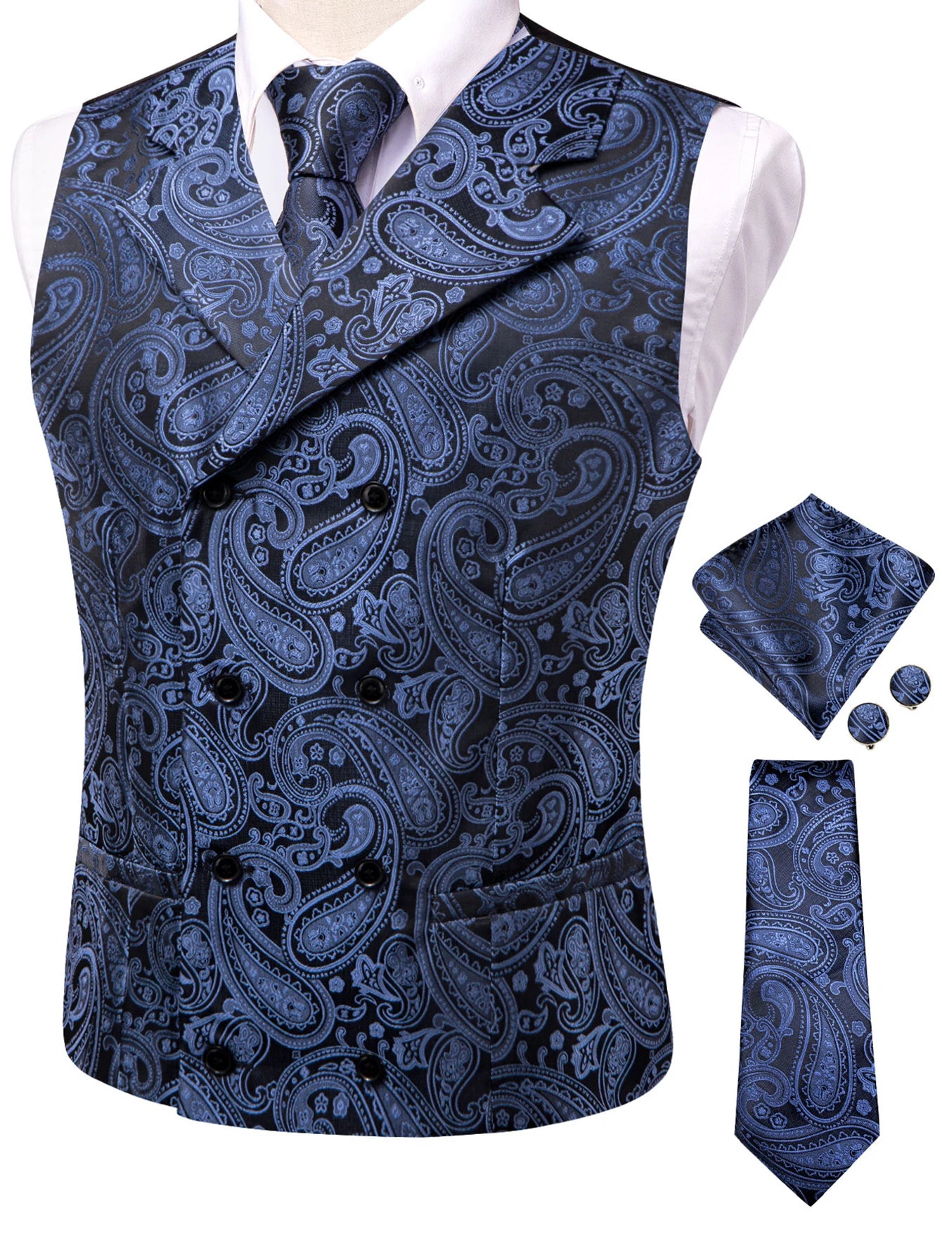 Men's Golden Paisley Vest Tie Hanky Cufflinks Luxury Tops Weddings Qme HT-MJ-0182 S