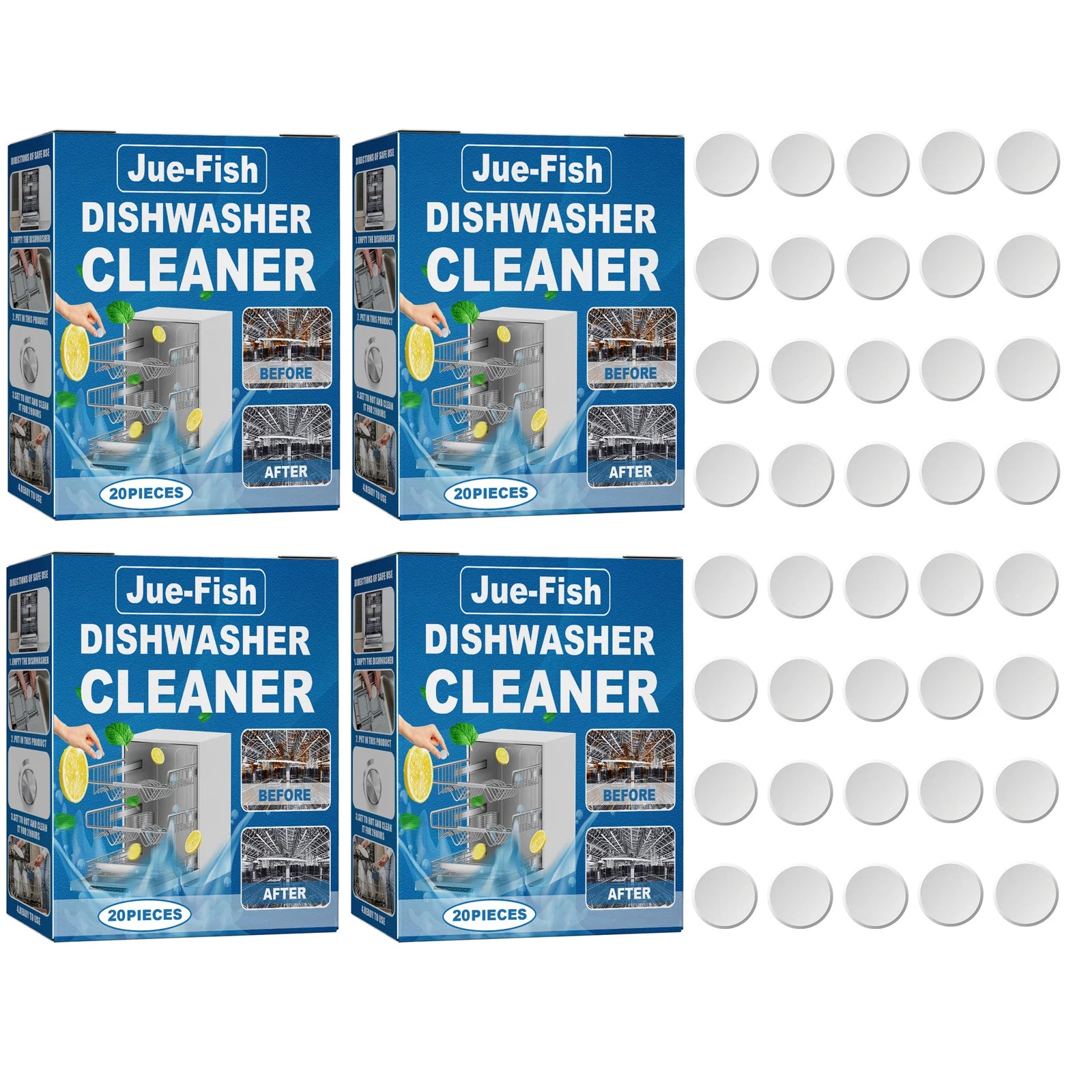 Dishwasher Cleaning Tablets Deep Removing Grease & Limescale Reduce Odors Fresh Lemon Aroma Powerful Cleaner Deodorizer Tablets Qme 4 x 20pcs Boxed