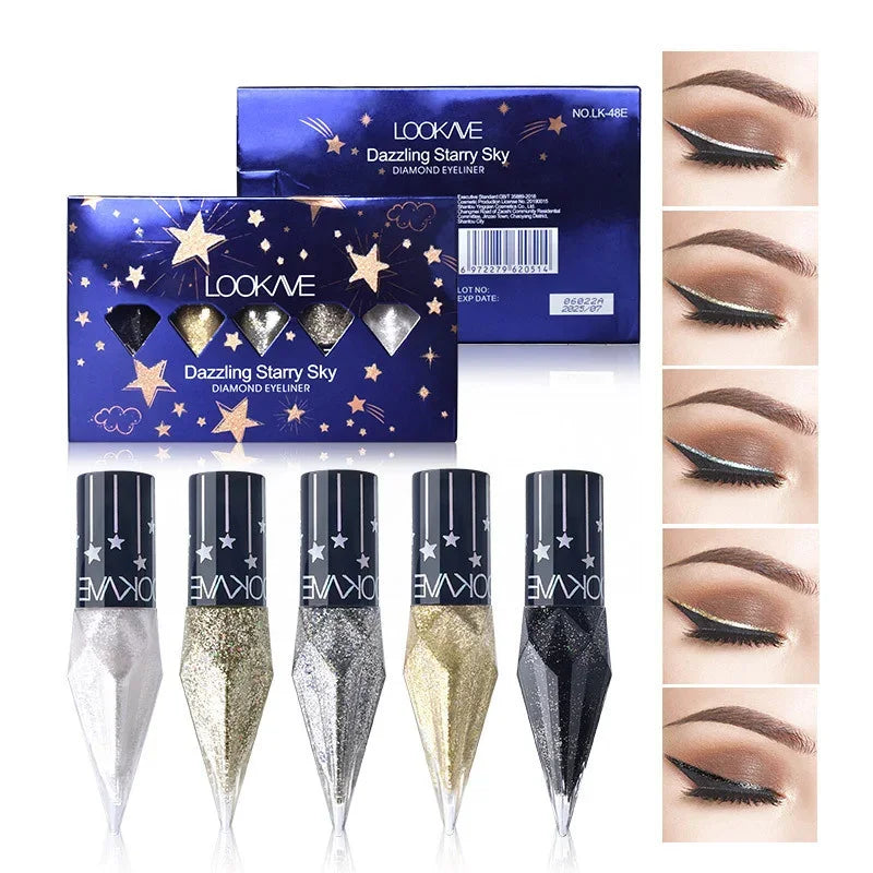 New 5pcs Five-Colors Diamond Glitter Liquid Eyeliner Durable Waterproof Easy to Wear Shimmer Eye Pencil Makeup Beauty Cosmetics Qme 5pcs
