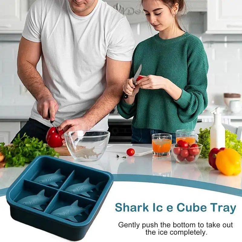 Silicone Ice Cube Tray Whiskey Party Drinks Shark Mold Blue 4-Cavity Qme