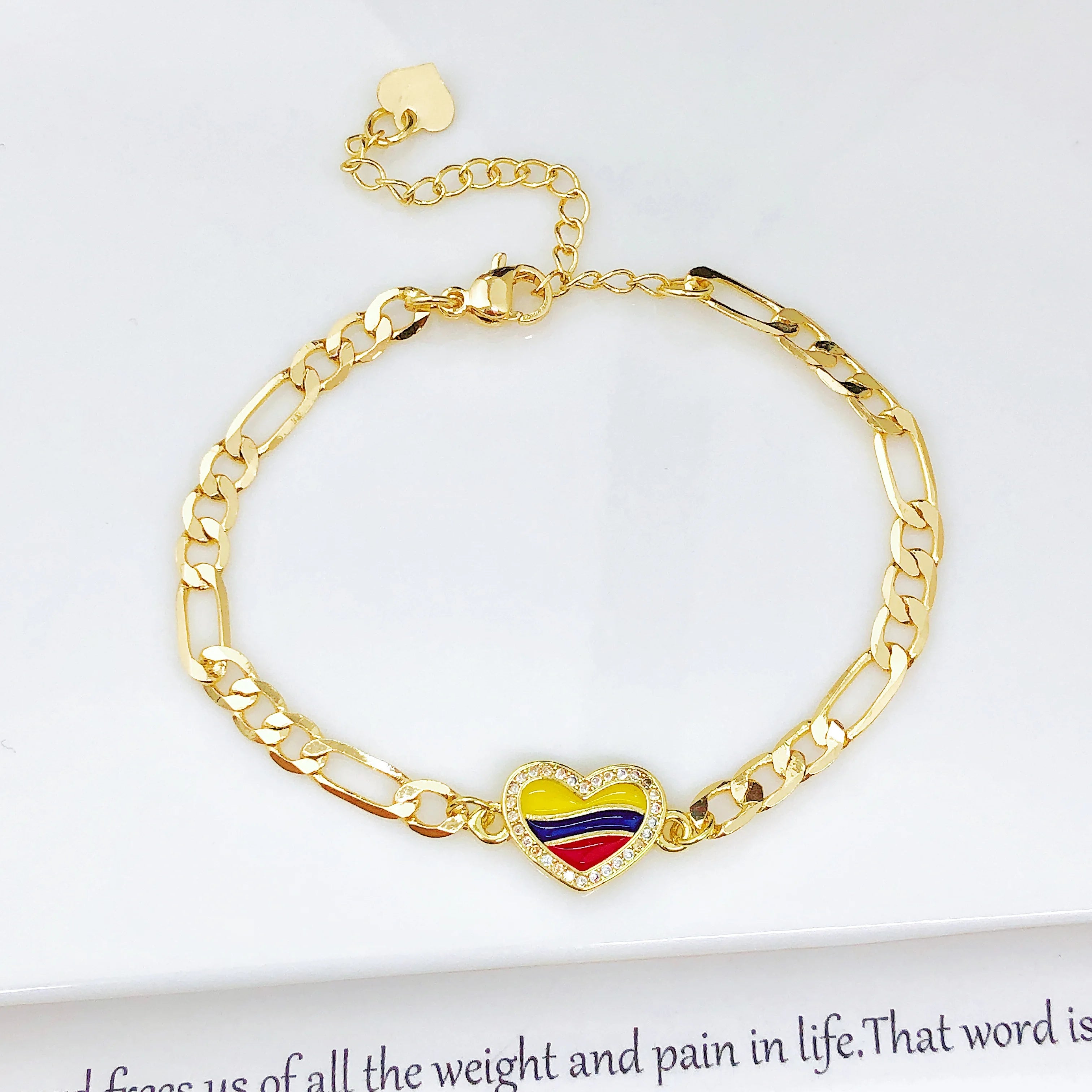 Adjustable Enamel Art Gold Plated Venezuela Colombia Flag Figaro Chain Bracelet for Men Women Holiday Anniversary Jewelry Gift Qme 5