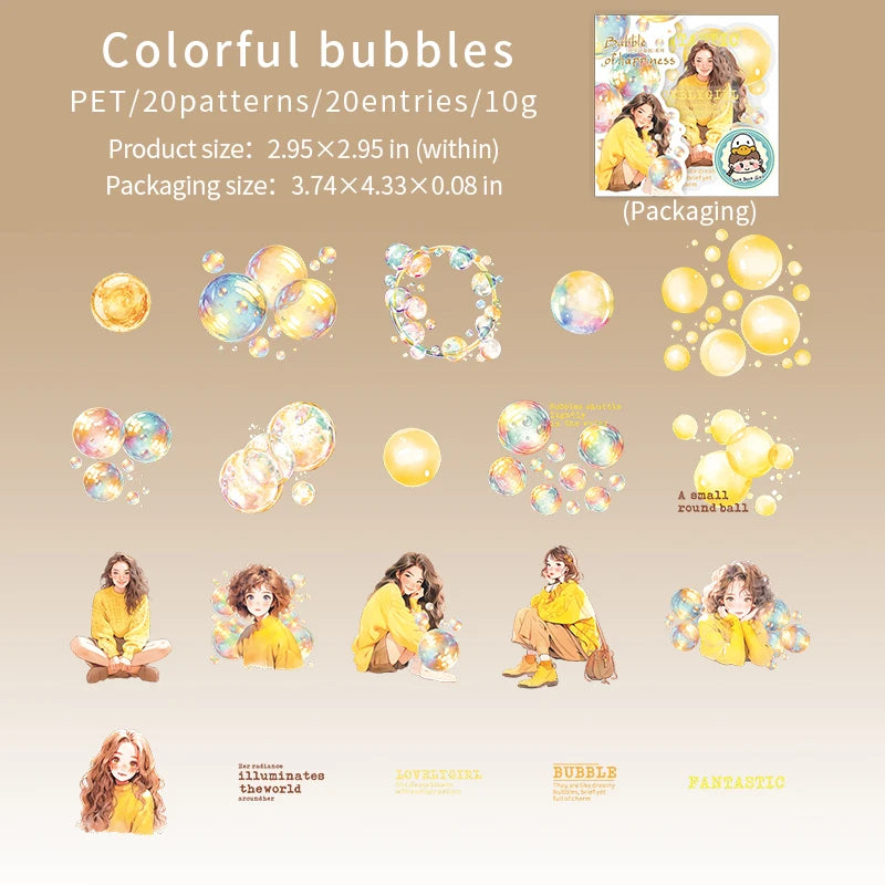 20 Sheets/Bag Character Colorful Bubble PET Sticker Pack, Fit for Scrapbooking DIY Frame, Collage Supplies, Scrapbook Qme 3