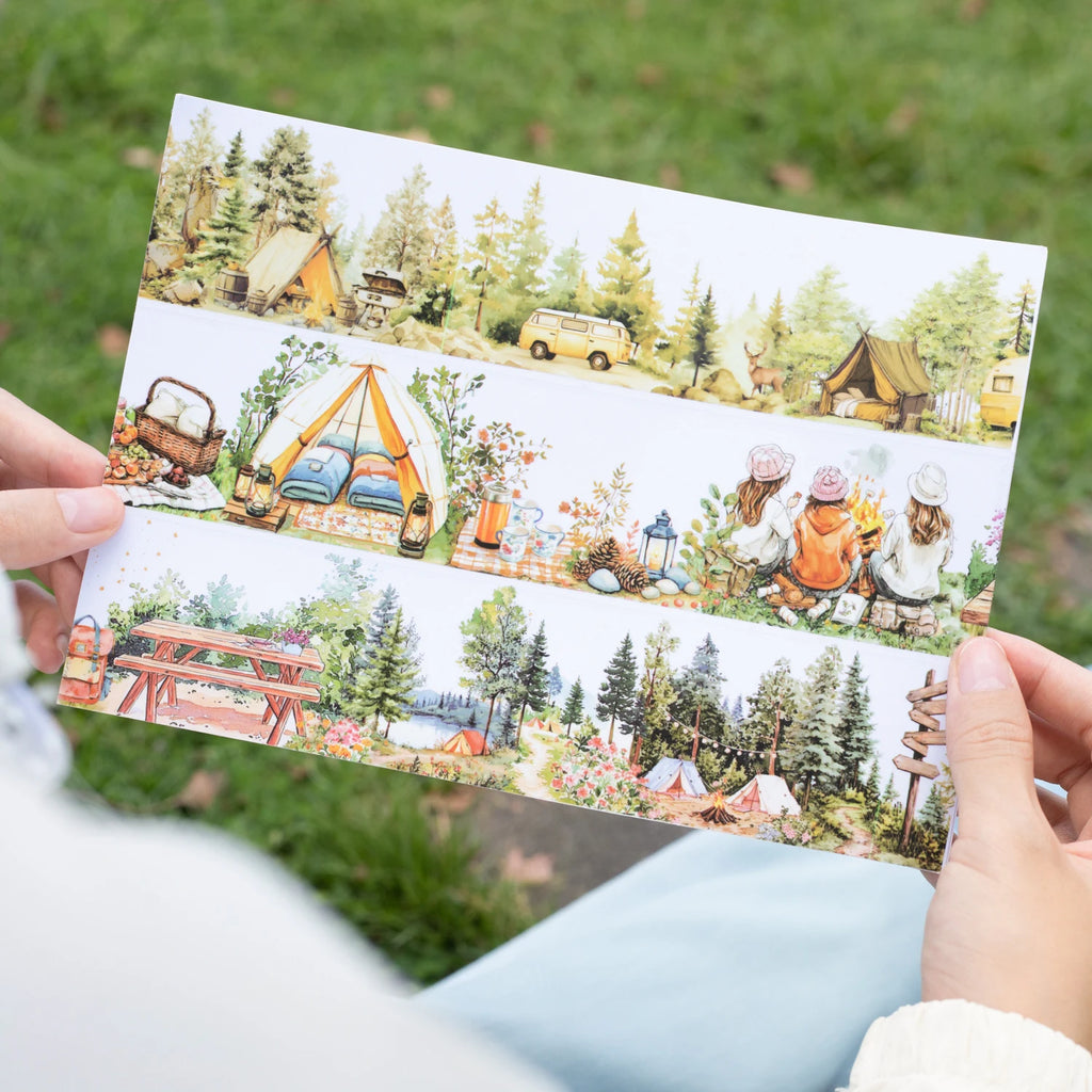 1 Roll Nature Camping Theme Scenic PET Tape for Scrapbooking DIY Collage Material Phone Case Notebook Decoration Qme