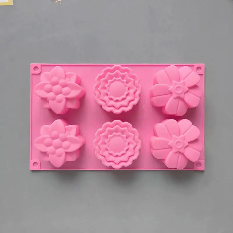 6 Cavity Flowers Silicone Mold DIY Handmade Fondant Cake Baking Qme Dark pink