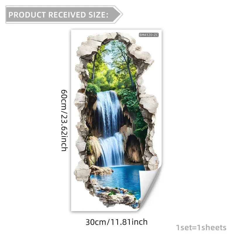 3D Waterfall Forest Wall Sticker Removable Peel Stick Waterproof Qme 30x60cm