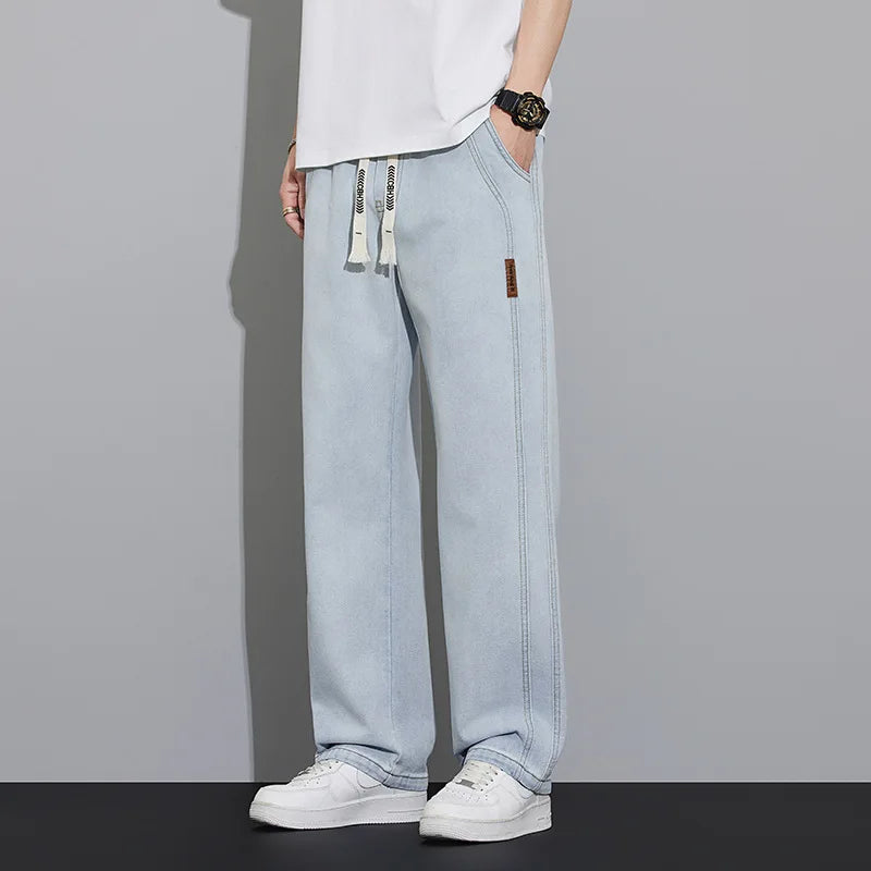 Summer work jeans men's street fashion denim jogging pants men's loose harem jeans, loose straight wide-leg jeans Qme Light white blue XXL