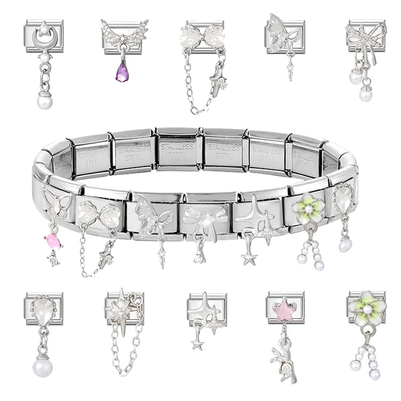 Y2k Italian Charm Silver Color Bracelet Series Blue Stars Zircon Bowknot Pearl Heart Hand Making DIY Chain Shiny Pendant Jewelry Qme