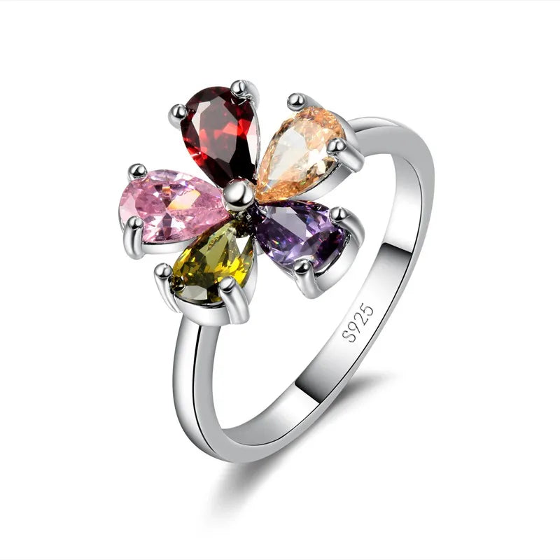 Beautiful Flower Shape Colorful Crystal 925 Sterling Silver Color Women Wedding Engagement Rings Fashion Party Finger Jewelry Qme resizable