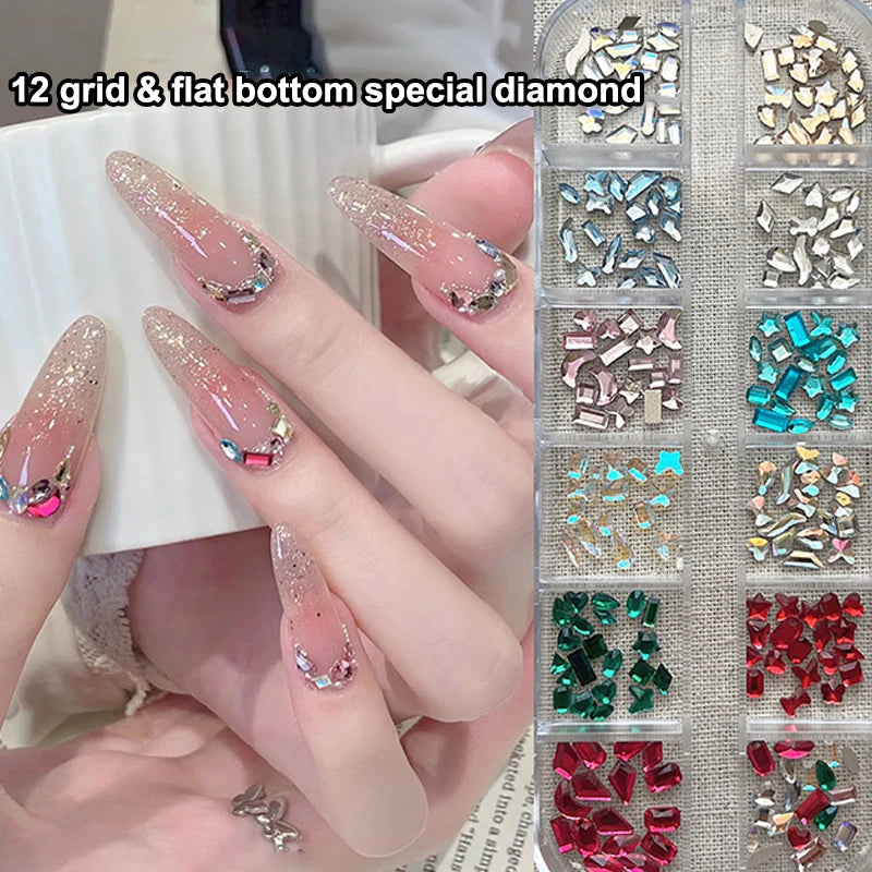 12 Grids Mixed Shape Colorful Rhinestones Nail Art Decoration Multi Size Flat Back Rhinestone Nail Gel Diy Nail Accessories Qme