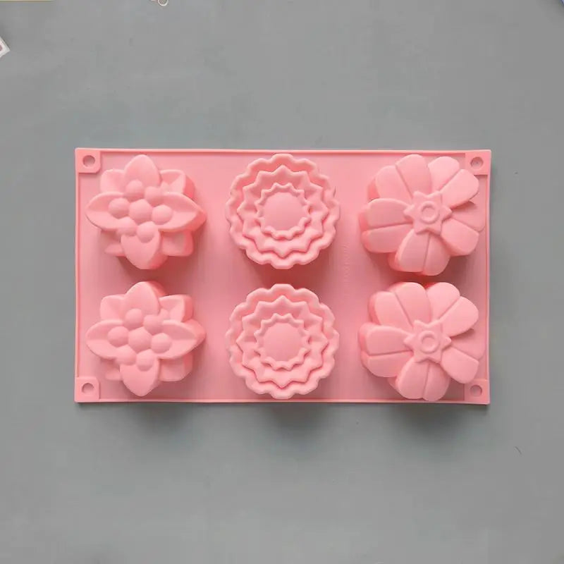 6 Cavity Flowers Silicone Mold DIY Handmade Fondant Cake Baking Qme Light pink