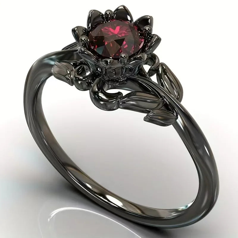 Simple New Fashion Originality Border New Jewelry Ladies Flower Ring Electroplating Gun Black Hand-inlaid Ring Popular Gift Qme qianghei Size 7