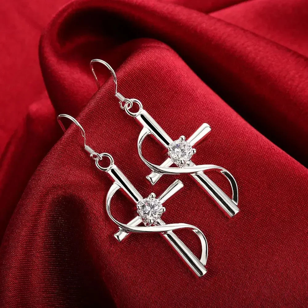 High Quality 925 Sterling Silver Earrings Fashion Jewelry Elegant Woman Crystal Cross Drop Earrings Trendsetter Christmas Gift Qme