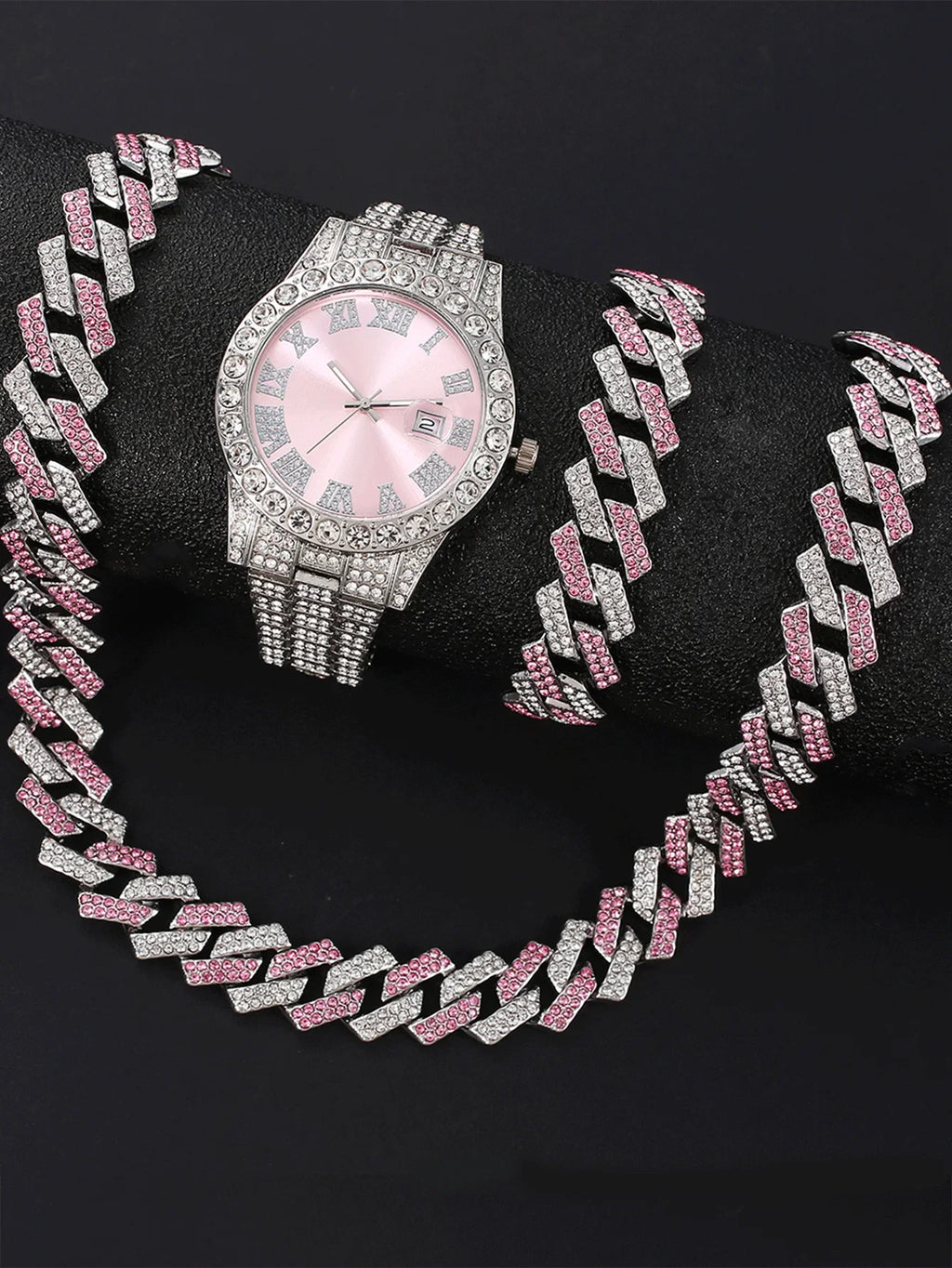 Women's Hip Hop Iced Out Jewelry Combo, Silver Plated Diamond Watch + Cuban Chain + Bracelet, Fashion Accessory Qme