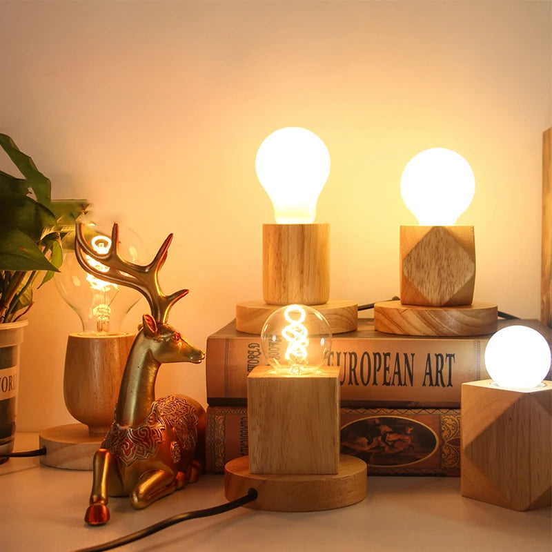 Retro Wood Table Lamp E27 Socket Vintage Desk Base Holder Wooden Qme