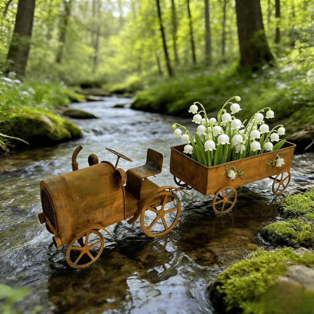 Rusty Vintage Metal Tractor Planter with Wheels Rustic Farmhouse Decorative Truck Carriage for Plants & Floral Displays Qme