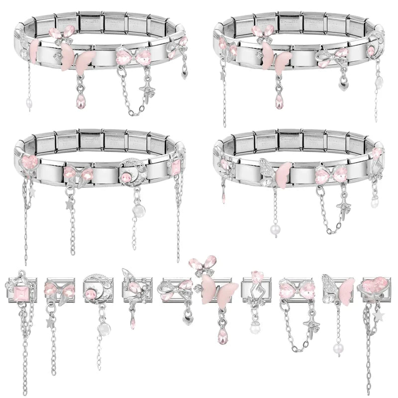 Wholesale Zircon Long Tassel Chain Pendant Series Italian Charm Links Fit 9mm Stainless Steel Bracelet Women DIY Making Jewelrys Qme